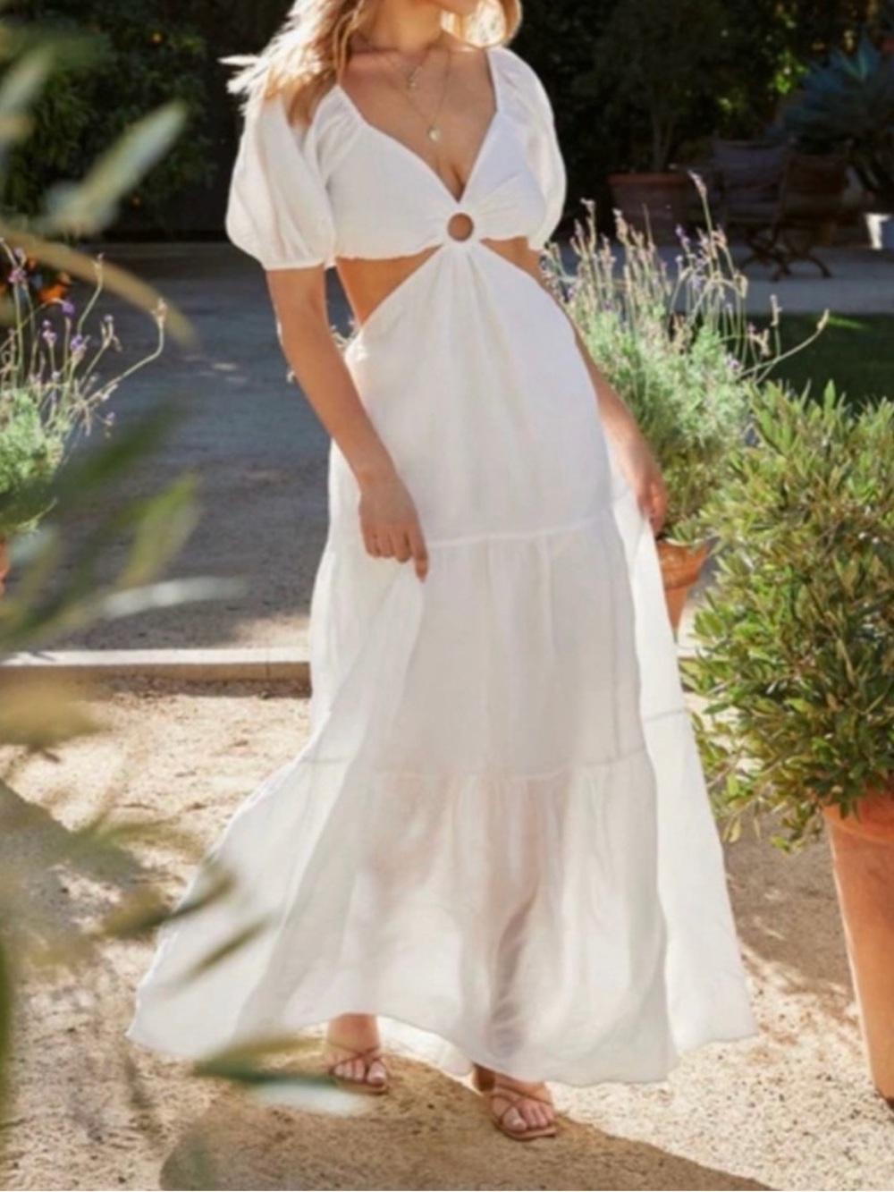 White Cutout Puff-Sleeve Tiered Maxi Dress